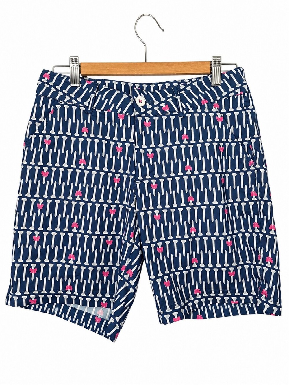Birdies & Bows Women's Size 4 Navy Golf Print Bermuda Shorts Pink Bow Performanc
